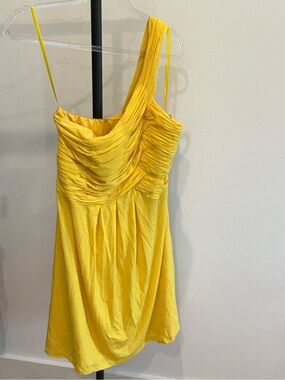 💛 Gianni Bini Bright Yellow One-Shoulder Ruched Mini Dress Large EUC
